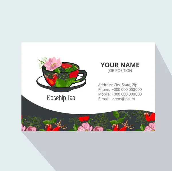 茶企业名片与茶杯与狗玫瑰 玫瑰臀部 玫瑰花和叶子的分支 设计邀请函 礼品卡 传单和宣传册的茶品牌元素 — 图库矢量图片