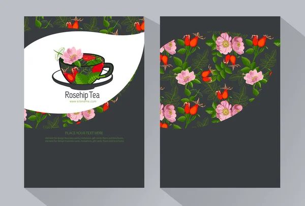 Tea Corporate Business Card Cup Tea Dog Rose Branch Rose — Stock Vector
