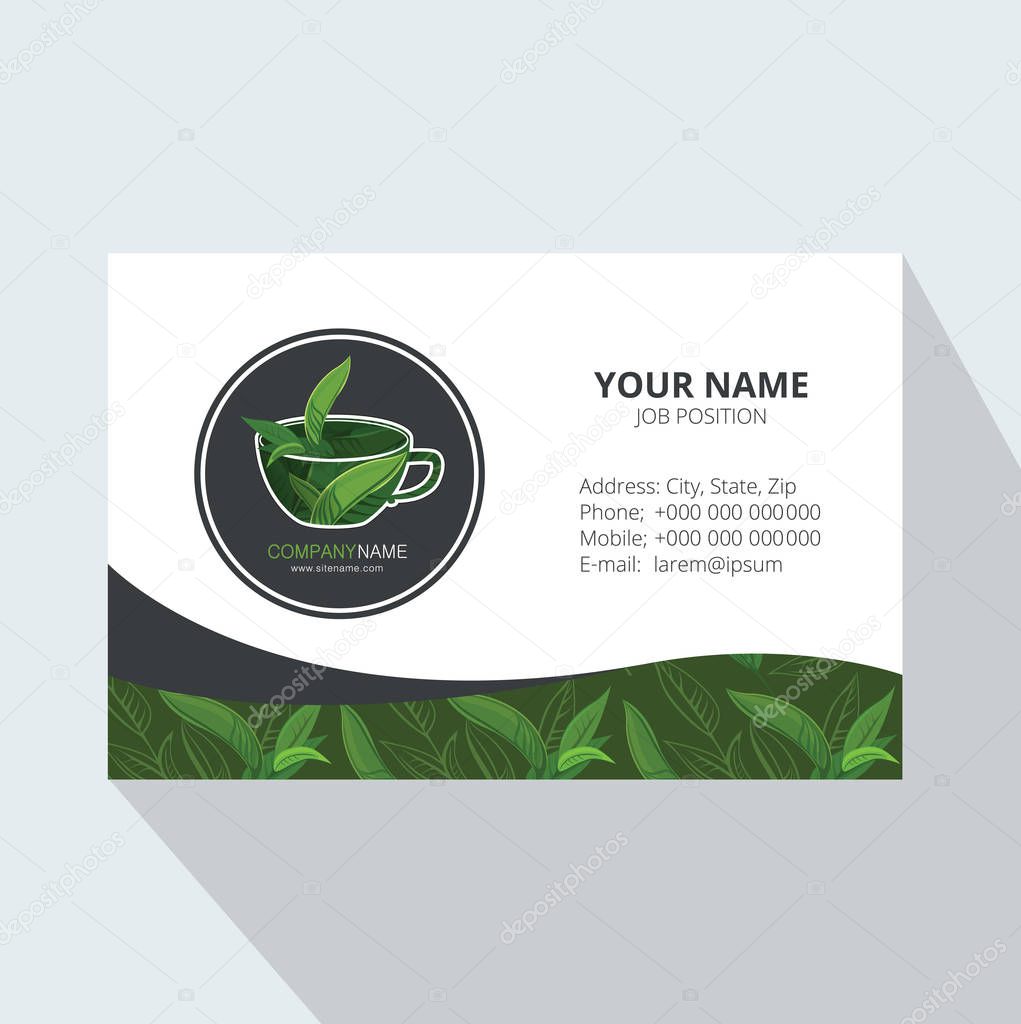 Cup of tea with leaves logo template design. Corporate Business card.  Trendy style with cup of tea with leaves. Element for design invitations, gift cards, flyers and brochures. Vector illustration.