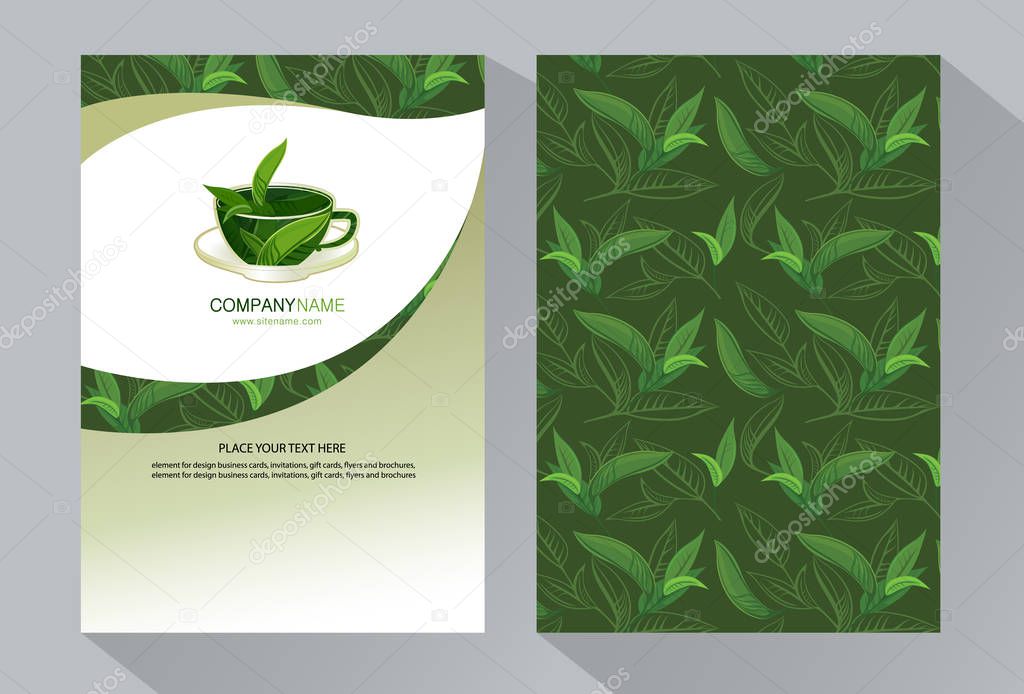 Vector tea packing template, label, banner, poster, personality, branding. Abstract colored background with elements of a decorative design - a stylized mug with tea leaves. Stylish design for tea.