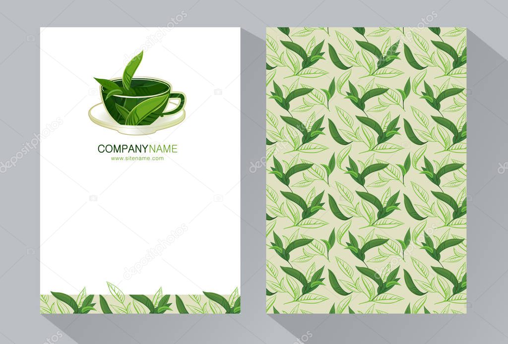 Vector tea packing template, label, banner, poster, personality, branding. Abstract colored background with elements of a decorative design - a stylized mug with tea leaves. Stylish design for tea.