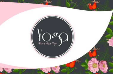 Köpek rose ile çay fincan çay Kurumsal Kartvizit: Kuşburnu, çilek, Kuşburnu çiçek ve yaprak dalı. Çay marka öğesi için tasarım davetiyeler, hediye kartları, el ilanları ve Broşürler.  