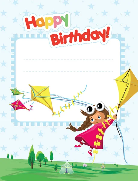 Happy Birthday Greeting Card Template Cute Little Girl Kites Vector — Stock Vector