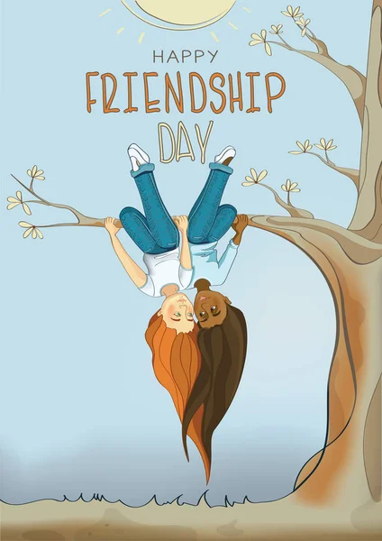Kızlar Dostluk Kız Bir Ağaç Dalı Baş Aşağı Asılı Dostluk — Stok Vektör