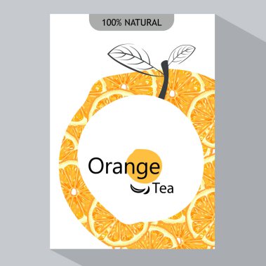 Ambalaj tasarım portakal. Vektör çizim turuncu afiş. Meyve suyu, çay, dondurma, limonata, reçel, doğal kozmetik, tatlılar ve hamur işleri için tasarım portakal, tatlı menüsü ile dolu