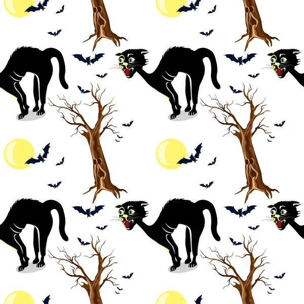 Cat Vector Sem Costura Padrão Halloween Isolado Papel Parede Desenho — Vetor de Stock