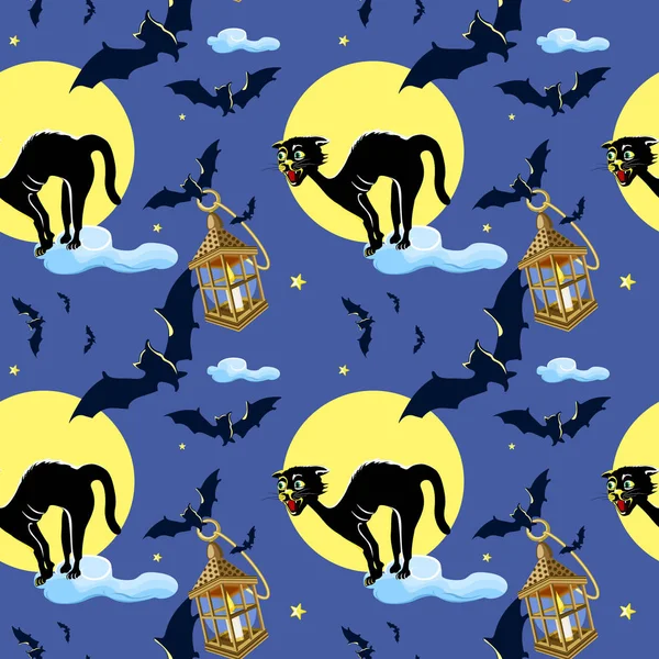 Cat Vektor Bezešvé Vzor Halloween Izolované Tapety Pozadí Kreslené — Stockový vektor
