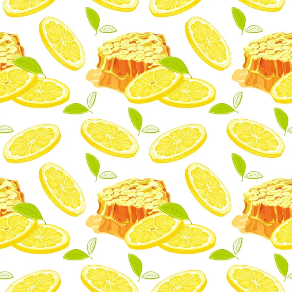 Hand Drawn Lemon Slices Honey Pattern Citrus Background — Stock Vector