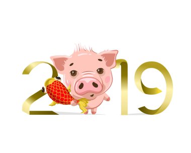 sazan balık, 2019 yeni yıl, vektör çizim sembolü ile şirin pembe domuzcuk