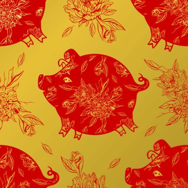 şirin seamless modeli yeni yıl 2019, vektör çizim sembolü ile domuz,