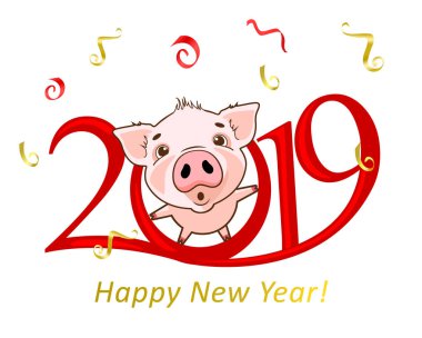 2019 yeni yıl, vektör çizim şirin pembe piggy, sembolü