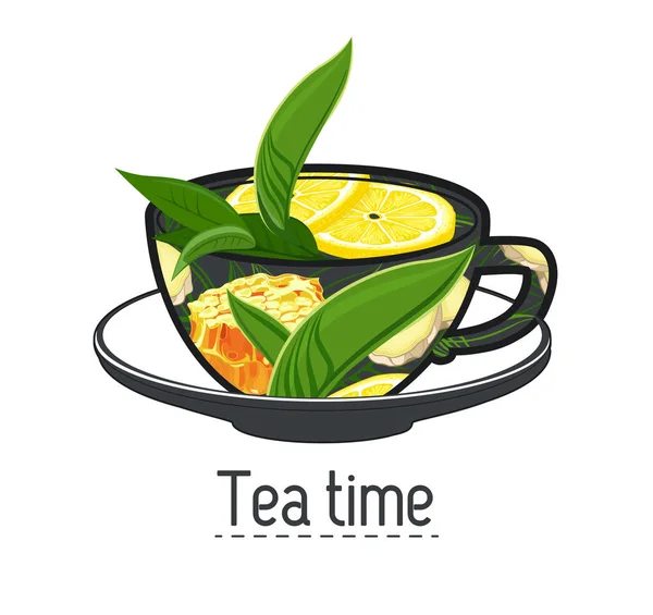 Taza Dibujada Mano Con Limón Panales Menta — Vector de stock