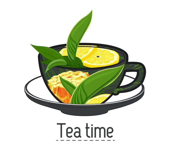 Hand Gezogene Tasse Tee Mit Zitrone Honig Und Minze — Stockvektor
