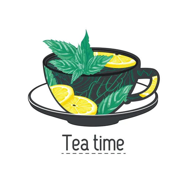 Hand Gezogene Tasse Tee Mit Zitrone Und Minze — Stockvektor