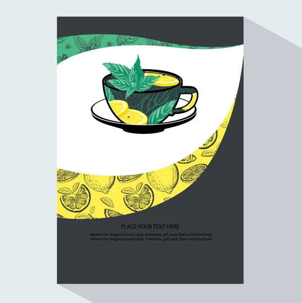 Mão Desenhada Xícara Chá Com Limão Hortelã Cartão Visita —  Vetores de Stock