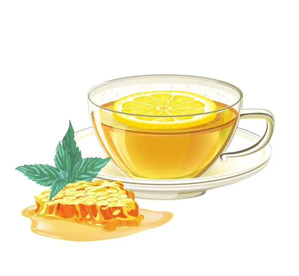 Taza Dibujada Mano Con Limón Panales Menta — Vector de stock