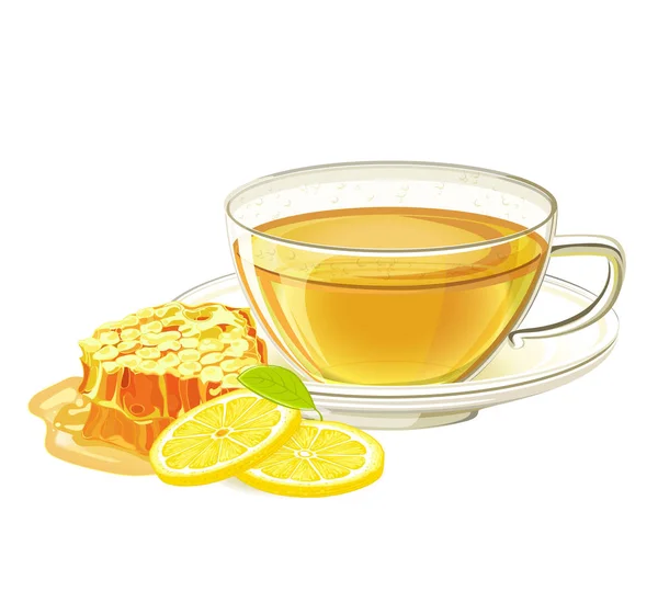 Hand Drawn Cup Tea Lemon Honey Isolated White — Stock Vector