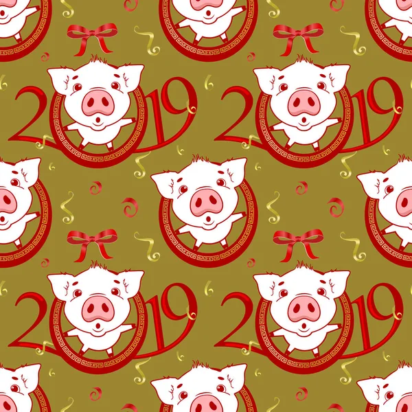 Padrão Sem Costura Bonito Com Porcos Símbolo Ano Novo 2019 —  Vetores de Stock