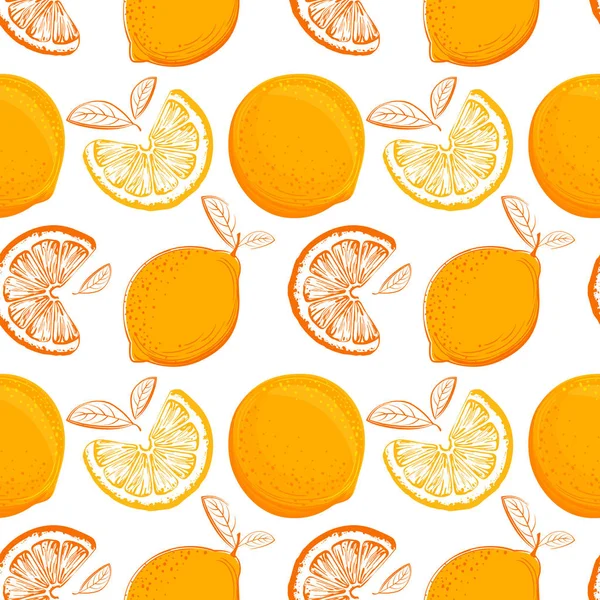 Patrón Naranjas Limones Dibujados Mano Fondo Cítrico — Vector de stock