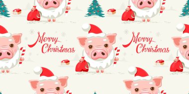 şirin seamless modeli yeni yıl 2019, vektör çizim sembolü ile domuz ve Noel ağaçları,