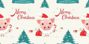 şirin seamless modeli yeni yıl 2019, vektör çizim sembolü ile domuz ve Noel ağaçları,