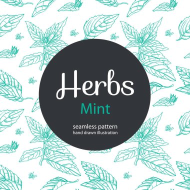 Vektör çiçek seamless modeli nane çiçekli. Nane el sketch vektör çizim. Kumaş için çizilmiş Eko tasarım el ve şal kağıt, ambalaj-çay, petrol, kozmetik vb..