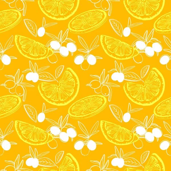 Handgezeichnete Zitronen Und Sanddornbeeren Muster — Stockvektor