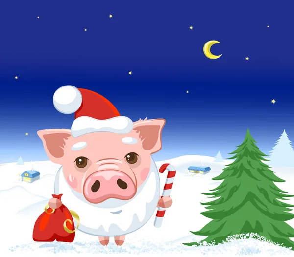 Joyeux Noël Carte Postale Avec Cochon Dans Chapeau Père Noël — Image vectorielle