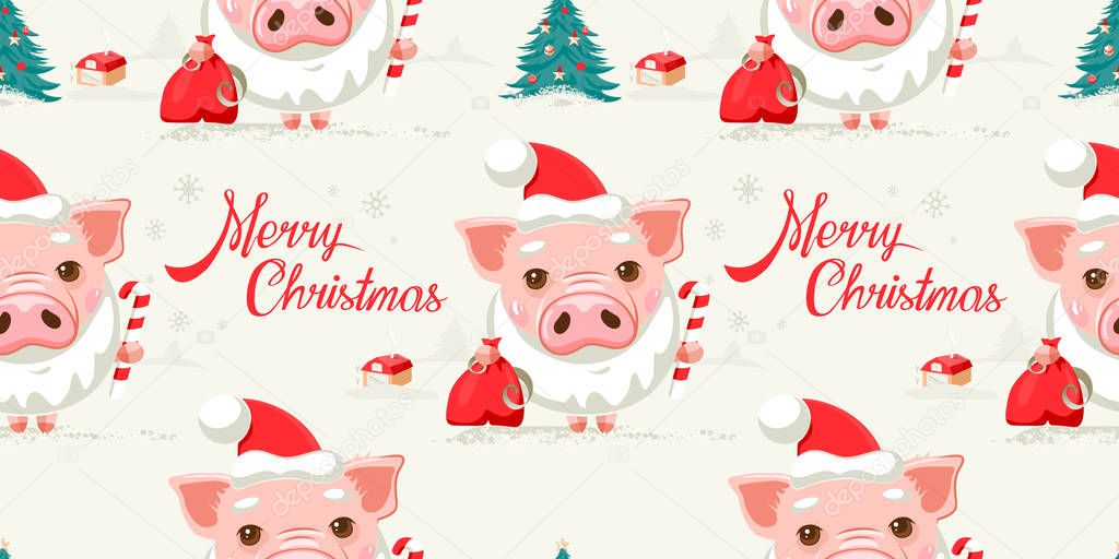 cute seamless pattern with pigs and Christmas trees, symbol of New Year 2019, vector illustration