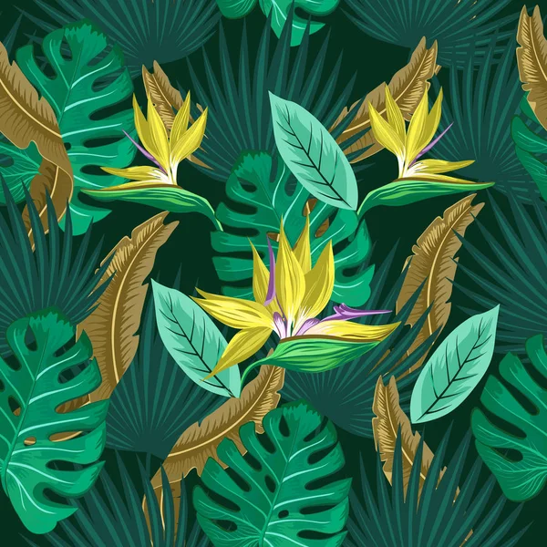 ベクトル シームレスな熱帯パターン モンステラ ヤシの葉 極楽鳥花と鮮やかな熱帯群葉 トレンドのパターン設計 — ストックベクタ