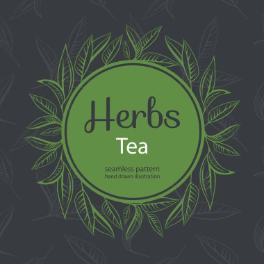 yeşil çay yaprakları, otlar çay logo yuvarlak çerçeve 