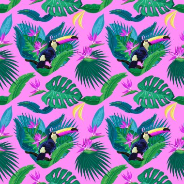 Toucan kuşlar ve yeşil tropikal yaprak desen, vektör çizim