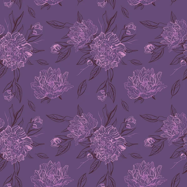 暗い紫色の背景に牡丹の花のパターン — ストック写真