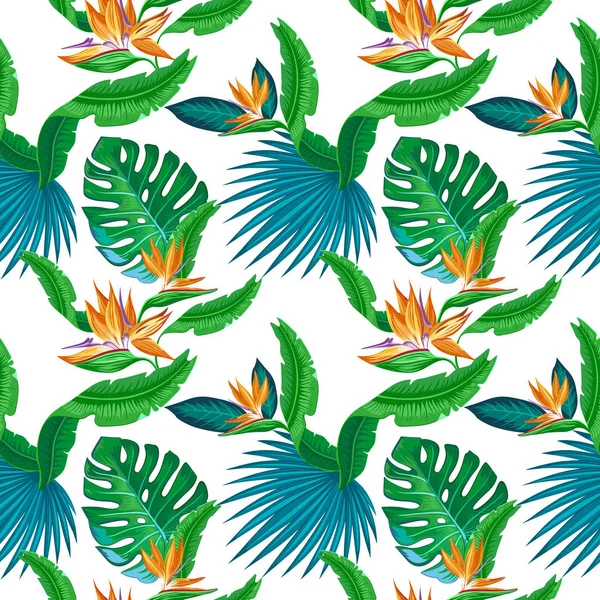 Tropiska Mönster Med Gula Blommor Och Gröna Blad Vektorillustration — Stock vektor