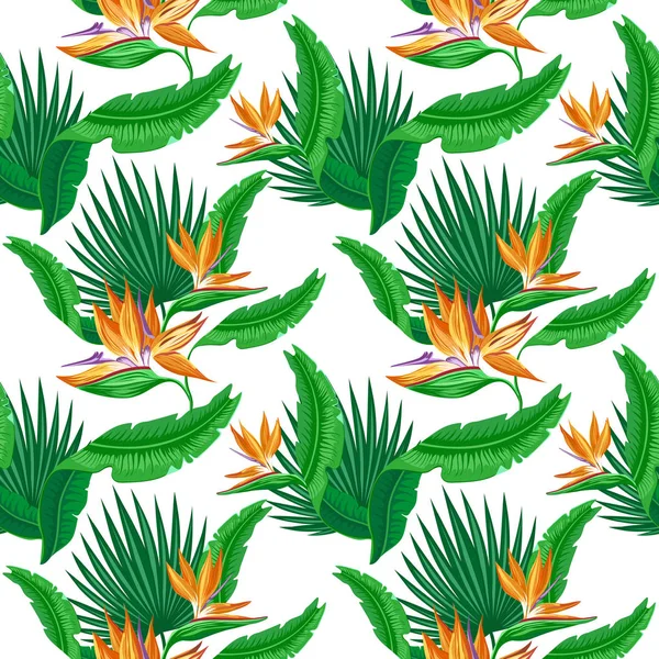 Tropiska Mönster Med Gula Blommor Och Gröna Blad Vektorillustration — Stock vektor