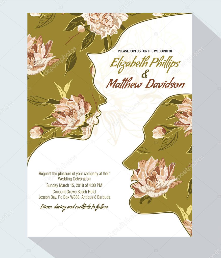 wedding invitation card template with male and female faces, vector illustration