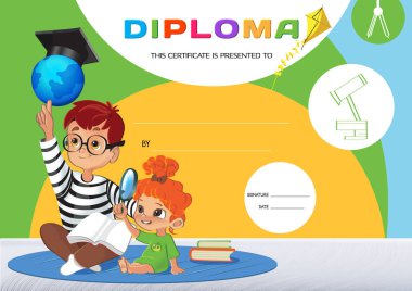 Anaokulları ve okul illüstrasyon öğrencilerin diploma şablonu. Çocuklar afiş.-illüstrasyon 