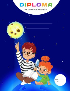  Şablon çocuk yıldızlar, gezegenler ve illüstrasyon sevimli çocuk ve küçük kız ayın modeli güneş sistemi hakkında öğrenme. Çocukların öğrenme kavramı.