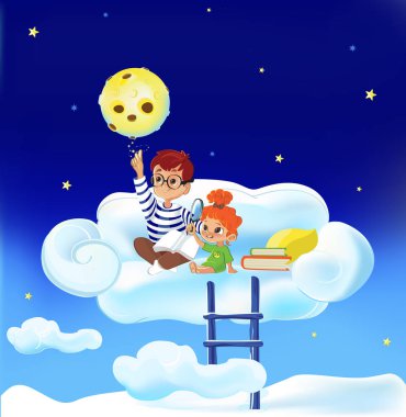  Şablon çocuk yıldızlar, gezegenler ve illüstrasyon sevimli çocuk ve küçük kız ayın modeli güneş sistemi hakkında öğrenme. Çocukların öğrenme kavramı.