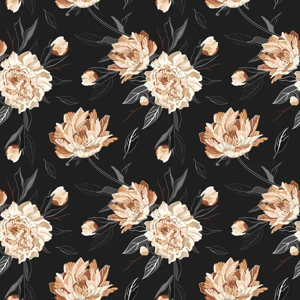 Motif Fleurs Pivoine Sur Fond Sombre Illustration Vectorielle — Image vectorielle