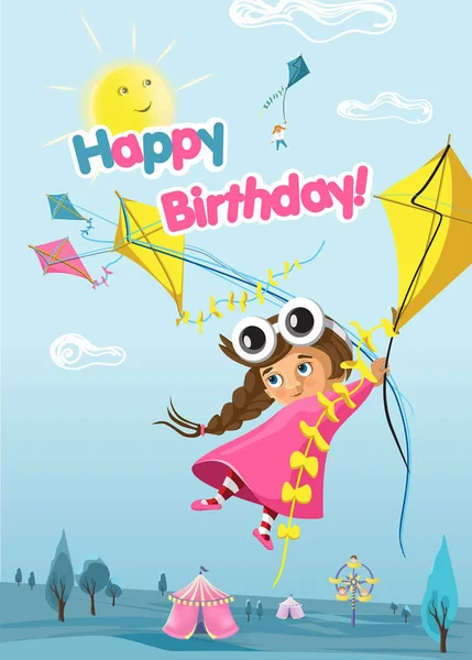 Happy Birthday Greeting Card Template Cute Little Girl Vector Illustration — Stock Vector