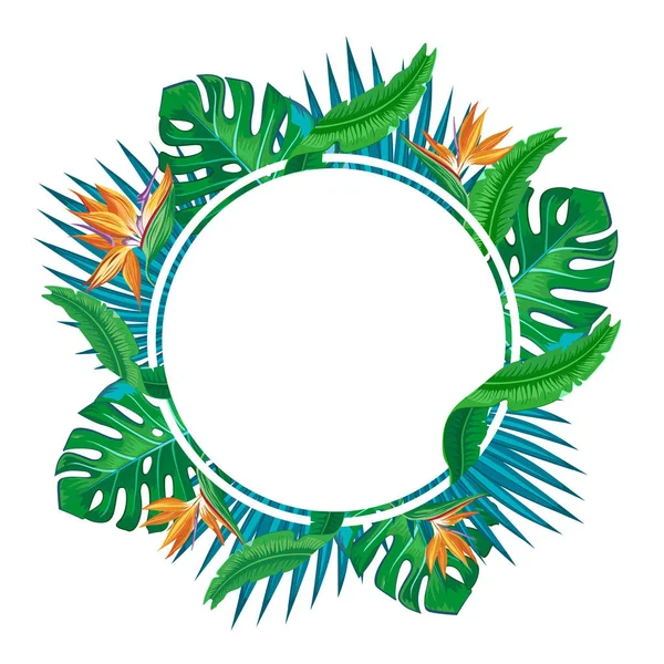 Round frame of tropical bright flowers and leaves