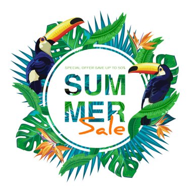 yuvarlak kare Toucan kuşlar ve yeşil tropikal desen, vektör çizim bırakır