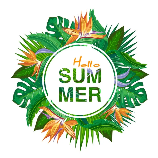 Text Hello Summer Frame Tropical Bright Flowers Leaves Vector Illustration — Stock Vector