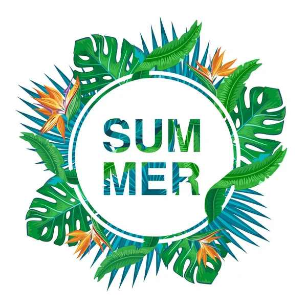 Summer Banner Tropical Bright Flowers Leaves Vector Illustration — Stock Vector