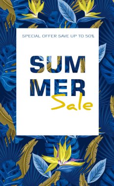 Yaz afiş Merhaba. Tropikal parlak çiçek ve yaprak, vektör çizim