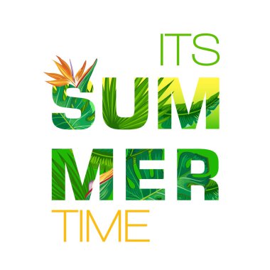 Yaz afiş. Tropikal parlak çiçek ve yaprak, vektör çizim