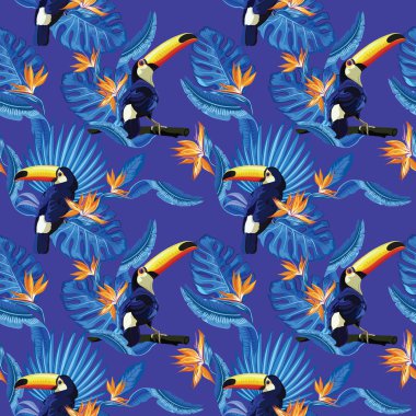 Toucan kuşlar ve mavi tropikal yaprak desen, vektör çizim