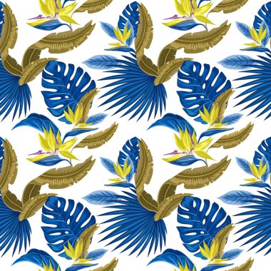 Vektör Dikişsiz tropikal desen, canlı tropik bitki örtüsü, monstera yaprak, palmiye yaprakları, cennet kuşu çiçeği. Desen trend tasarım.