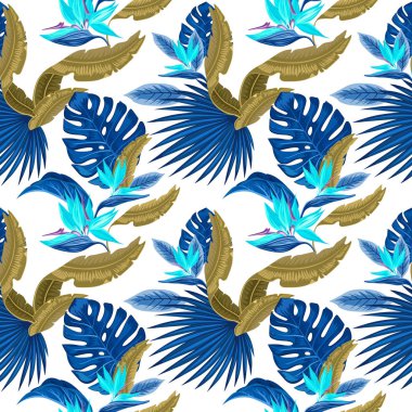 Vektör Dikişsiz tropikal desen, canlı tropik bitki örtüsü, monstera yaprak, palmiye yaprakları, cennet kuşu çiçeği. Desen trend tasarım.